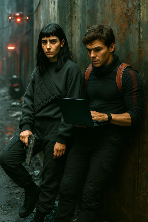 Fjorvik visual development — two operatives shelter in a decayed alley