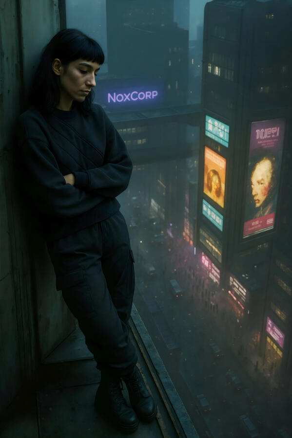 Fjorvik visual development — a lone figure overlooks a dense future city