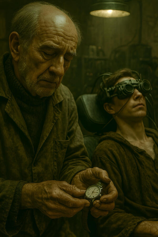 Fjorvik visual development — an elder holds a watch beside an optical headset