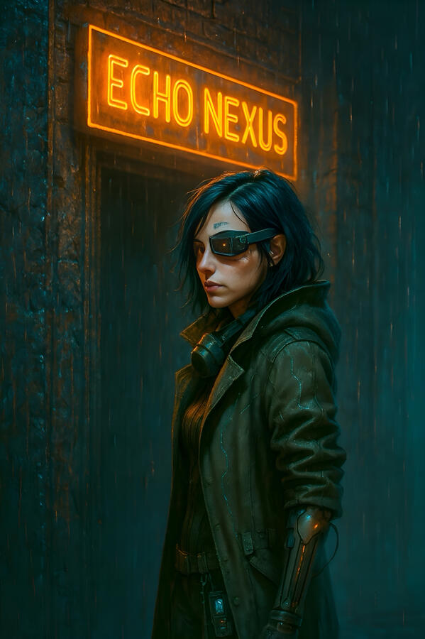 Fjorvik visual development — a cybernetic woman stands beneath rain and neon