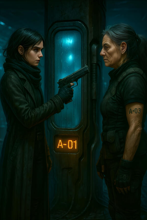 Fjorvik visual development — two figures confront one another at a sealed door
